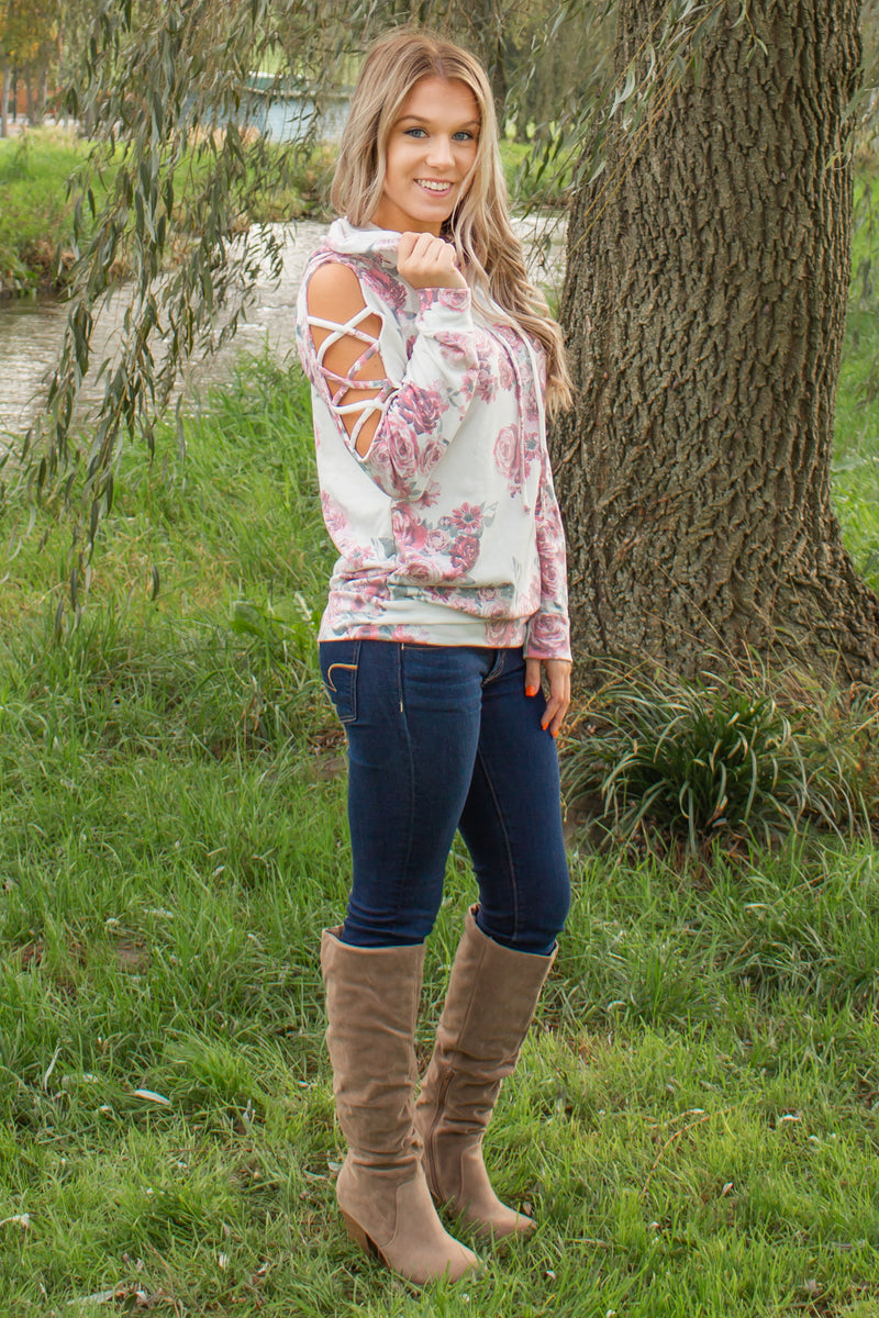Cute white floral hoodie, Cute white floral pullover