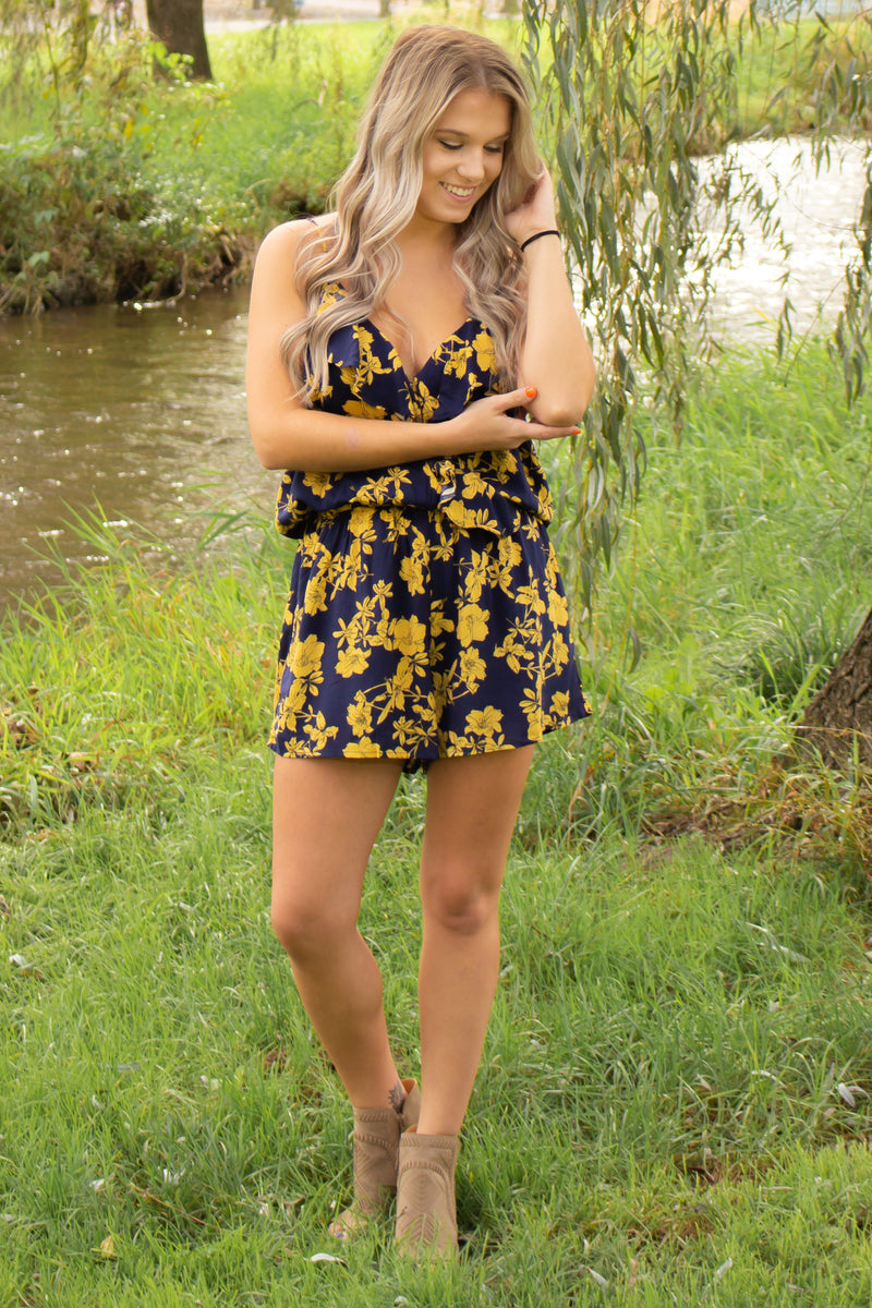 Navy and Gold Floral Romper, navy gold floral romper, gold navy romper, navy gold floral romper