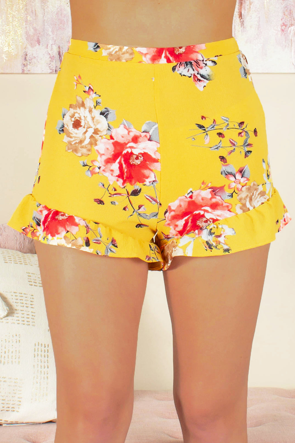 Yellow shorts, Yellow floral shorts, Fabric shorts, Yellow fabric shorts