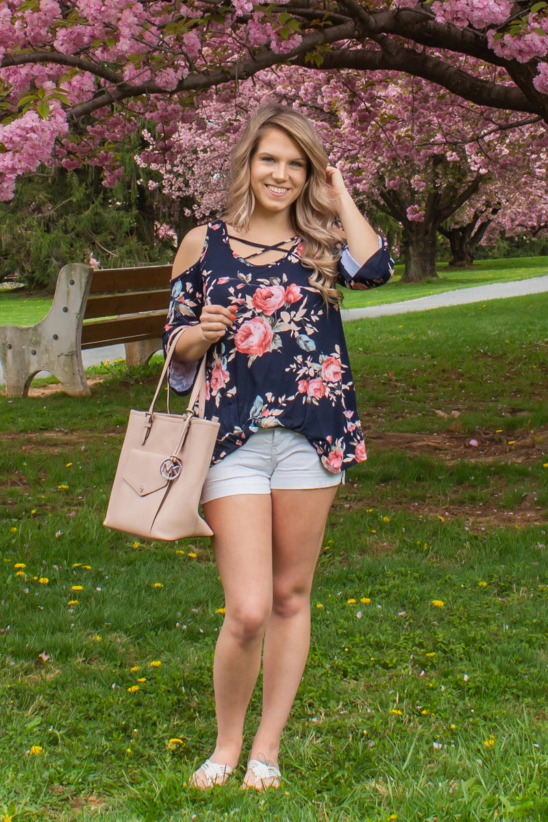 Womens floral top, womens navy floral top