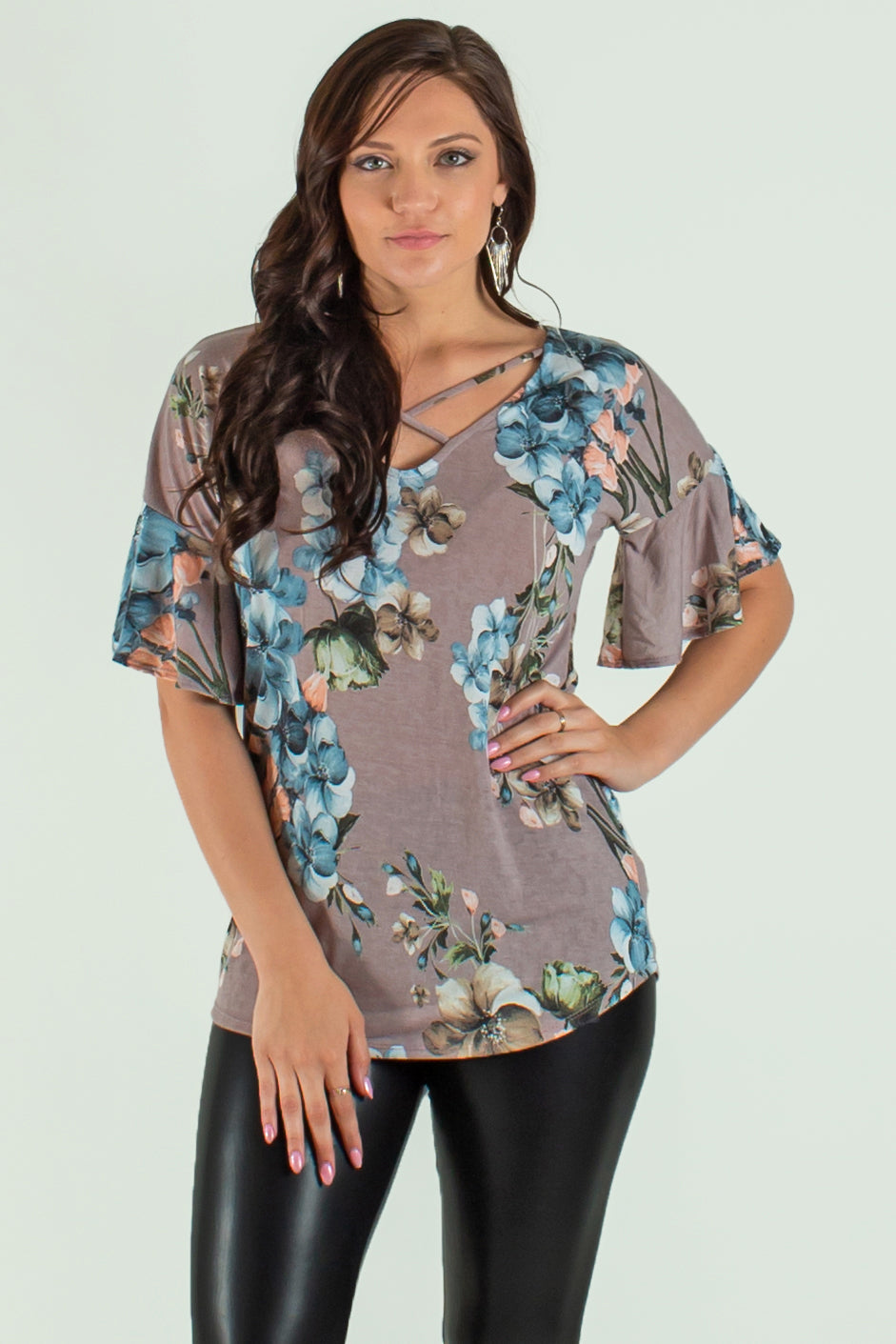 taupe floral top, taupe floral blouse