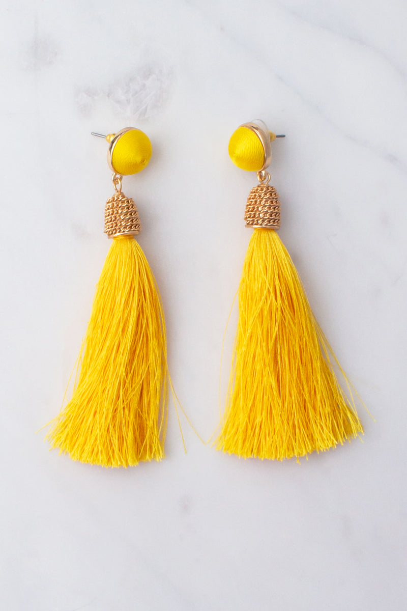 cute yellow tassel earrings, trendy yellow tassel earrings, gold earrings, boutique tassel earrings, fashion tassel earrings